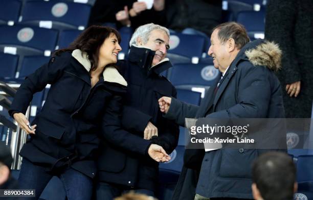 Estelle Denis, Raymond Domenech and Guy Roux attend the Ligue 1 match between Paris Saint Germain and Lille OSC at Parc des Princes on December 9,...