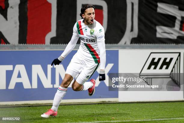 Nasser El Khayati of ADO Den Haag celebrates 2-3 during the Dutch Eredivisie match between Fc Twente v ADO Den Haag at the De Grolsch Veste on...