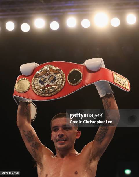 Lee Selby celebrates his victory over Eduardo Ramirez in the IBF World Featherweight Championship fight at Copper Box Arena on December 9, 2017 in...