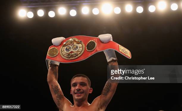Lee Selby celebrates his victory over Eduardo Ramirez in the IBF World Featherweight Championship fight at Copper Box Arena on December 9, 2017 in...