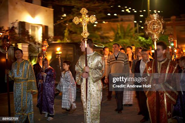 evening greek orthodox procession in greece. - orthodox easter stock-fotos und bilder