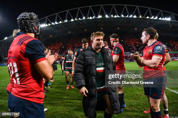 Limerick , Ireland - 9 December 2017; Leicester Tigers captain Tom Youngs leads his team off the pitch after the European Rugby Champions Cup Pool 4...