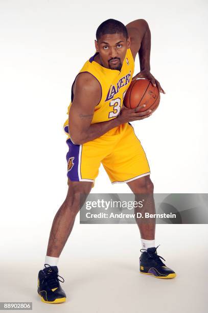 Ron Artest of the Los Angeles Lakers poses for a portrait after the press conference announcing his signing with the team on July 8, 2009 at the...