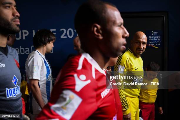 Oscar Perez of CF Pachuca waits to walk out prior to the FIFA Club World Cup quarter-final match between CF Pachuca and Wydad Casablanca at Zayed...