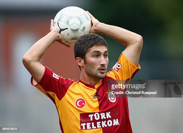 Ugur Ucar of Galatasaray does a throw-in during the Zayon Cup match between Galatasaray Istanbul and Wydad AC Casablanca at the Lorheide stadium on...