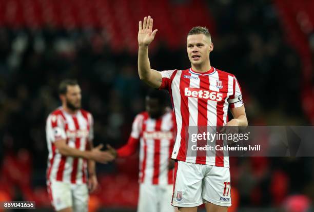 Ryan Shawcross of Stoke City waves during the Premier League match between Tottenham Hotspur and Stoke City at Wembley Stadium on December 9, 2017 in...