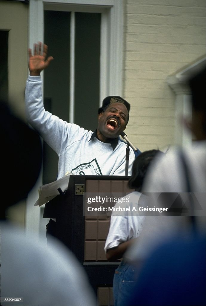 View of Rev. Harris addressing SWIS supporters at Hampton court... News