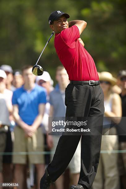 The Players Championship: Rear view of Tiger Woods in action, drive from tee on Sunday at Stadium Course of TPC Sawgrass. Ponte Vedra Beach, FL...