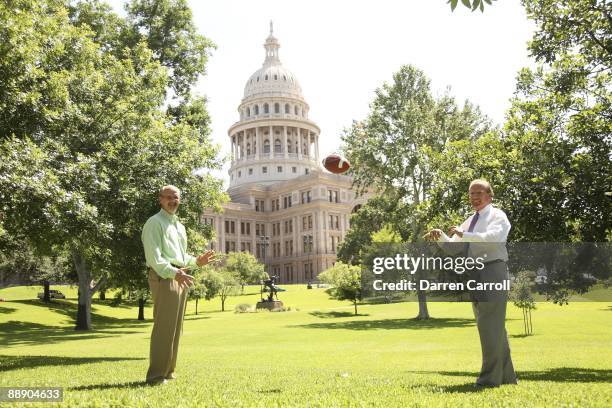 Where Are They Now: Portrait of former Texas players Randy Peschel and James Street outside of Texas State Capitol. Peschel and Street connected on...