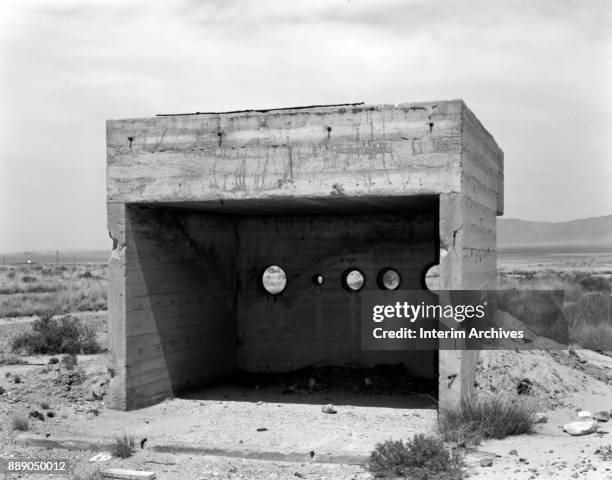 View inside the camera bunker at the White Sands Missile Range, New Mexico, 1968. In 1945, the site had been used under the codename Trinity to test...