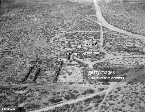 Ariel view of the remains of structures, including the McDonald ranch house, at the White Sands Missile Range, New Mexico, 1968. In 1945, the site...
