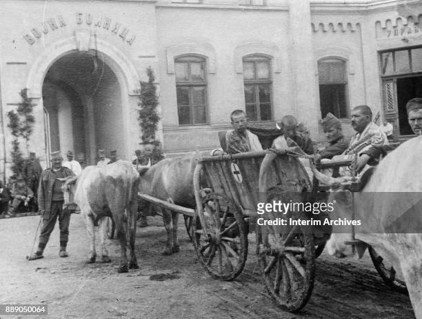 View of patients on an oxen-drawn wagon outside a hospital during a typhus epidemic, Belgrade, Serbia, mid to late 1910s.