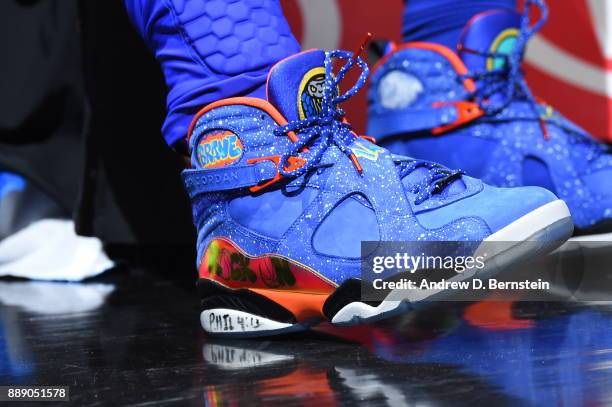 The shoes worn by Montrezl Harrell of the LA Clippers are seen during the game against the Washington Wizards on December 9, 2017 at STAPLES Center...