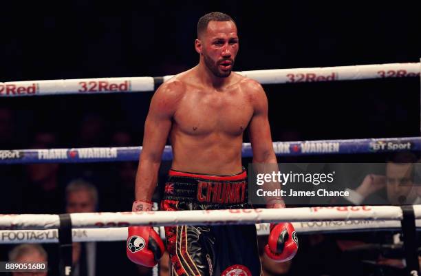 James DeGale looks dejected after losing his IBF World Super Middleweight Title fight to Caleb Truax at Copper Box Arena on December 9, 2017 in...