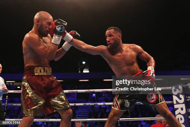 James DeGale in action as he loses to Caleb Truax in the IBF World Super-Middleweight Championship fight at Copper Box Arena on December 9, 2017 in...