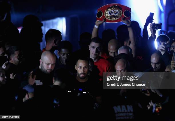 James DeGale makes his way to the ring prior to losing his IBF World Super Middleweight Title fight to Caleb Truax at Copper Box Arena on December 9,...