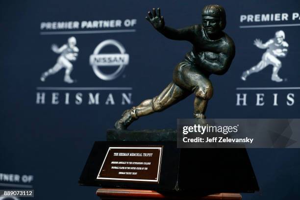 The Heisman Trophy is displayed at a press conference for the 2017 Heisman Trophy Presentation on December 9, 2017 in New York City.