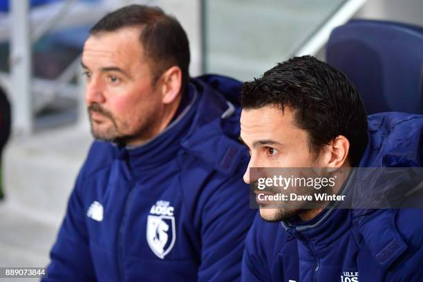 Lille temporary head coach Joao Sacramento and Lille temporary assistant coach Fernando Da Cruz during the Ligue 1 match between Paris Saint Germain...