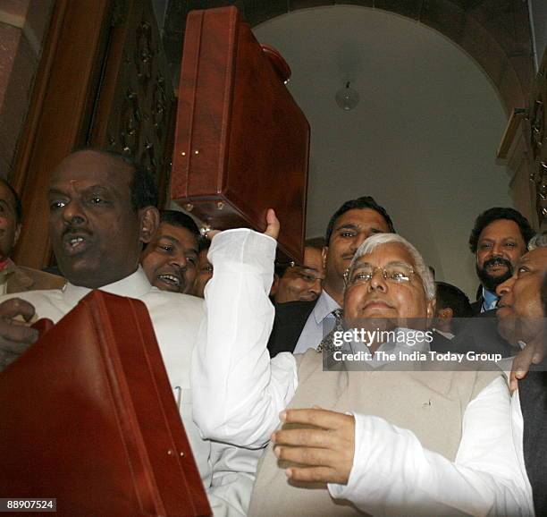 Laloo Prasad Yadav, Union Cabinet Minister of Railway and Chief of RJD, coming with Rail Budget for 2007-08 at Parliament House in New Delhi, India