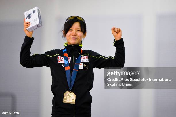 Miho Takagi of Japan celebrates after winning the ladies 1500 meter race during day 2 of the ISU World Cup Speed Skating event on December 9, 2017 in...