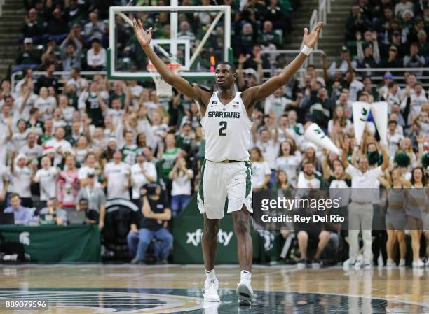 Jaren Jackson Jr. #2 of the Michigan State Spartans celebrates a made basket during the game against the Southern Utah Thunderbirds at Breslin Center...