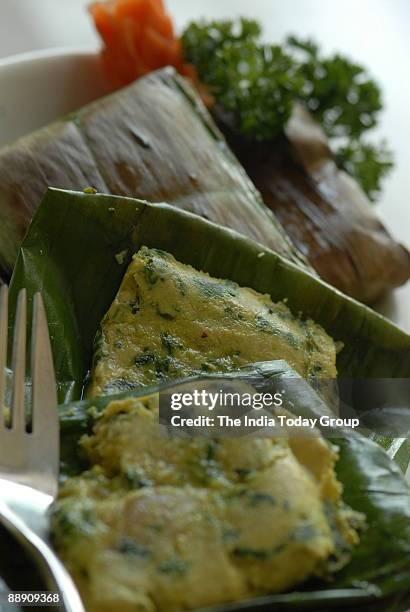 Paturi Chicken served at Oh Calcutta Restaurant in New Delhi, India