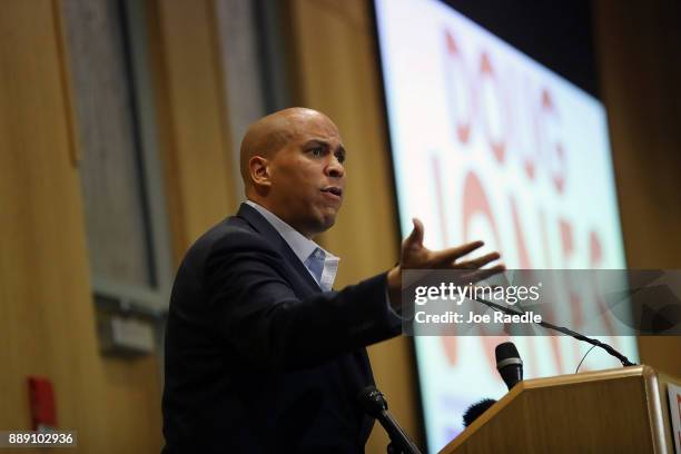 Sen. Cory Booker speaks as he campaigns for Democratic Senatorial candidate Doug Jones at an event held at Alabama State University at the John...