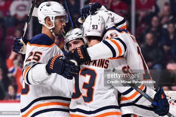 Michael Cammalleri of the Edmonton Oilers celebrates his goal with teammates Darnell Nurse, Ryan Nugent-Hopkins and Patrick Maroon against the...
