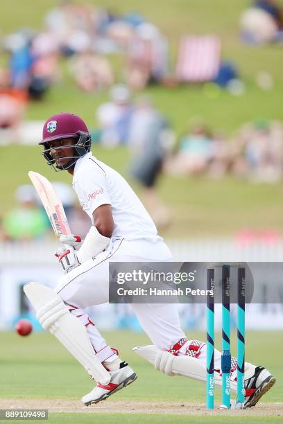Kraigg Brathwaite of the West Indies pushes the ball away for four runs during day two of the Second Test Match between New Zealand and the West...