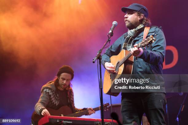 Simon Liddell and Scott Hutchison of Frightened Rabbit perform on stage during Sleep In The Park, a Mass Sleepout organised by Scottish social...