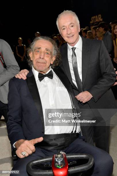 Peter Mayhew and Anthony Daniels attend the premiere of Disney Pictures and Lucasfilm's "Star Wars: The Last Jedi" at The Shrine Auditorium on...