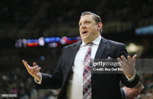 Head coach Todd Simon of the Southern Utah Thunderbirds reacts from the bench against the Michigan State Spartans at Breslin Center on December 9,...