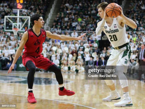 Matt McQuaid of the Michigan State Spartans handles the ball Dre Marin of the Southern Utah Thunderbirds at Breslin Center on December 9, 2017 in...