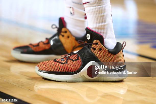 The sneakers of Tyler Johnson of the Miami Heat are seen during the game against the Brooklyn Nets as part of the NBA Mexico Games 2017 on December...