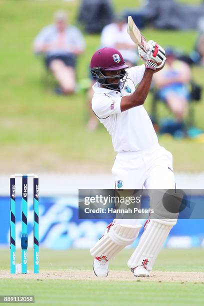 Kraigg Brathwaite of the West Indies drives the ball during day two of the Second Test Match between New Zealand and the West Indies at Seddon Park...