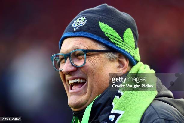 Comedian and Seattle Sounders Owner Drew Carey laughs prior to the 2017 MLS Cup Final against Toronto FC at BMO Field on December 9, 2017 in Toronto,...