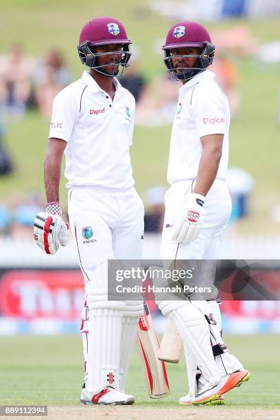 Kraigg Brathwaite and Shai Hope of the West Indies look on during day two of the Second Test Match between New Zealand and the West Indies at Seddon...