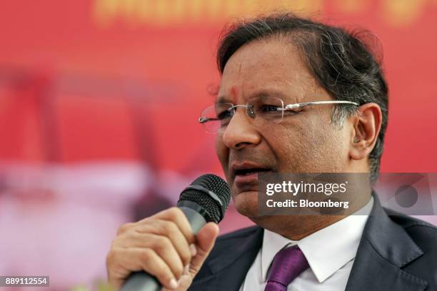 Ajay Singh, chairman and co-founder of Spicejet Ltd., speaks during a demonstration flight event for a Quest Aircraft Co. Amphibious Kodiak plane,...