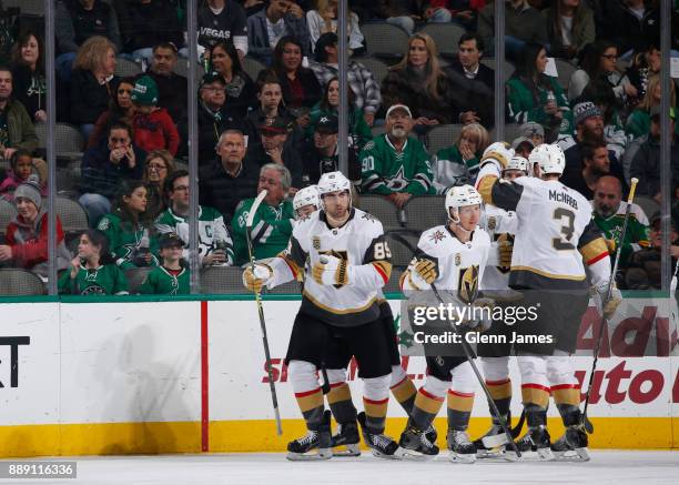 Alex Tuch, Cody Eakin, Brayden McNabb and the Vegas Golden Knights celebrate a goal against the Dallas Stars at the American Airlines Center on...