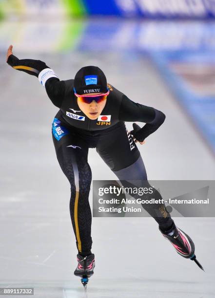 Ayaka Kikuchi of Japan competes in the ladies 1500 meter race during day 2 of the ISU World Cup Speed Skating event on December 9, 2017 in Salt Lake...