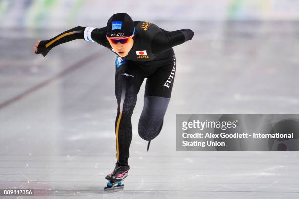 Ayaka Kikuchi of Japan competes in the ladies 1500 meter race during day 2 of the ISU World Cup Speed Skating event on December 9, 2017 in Salt Lake...
