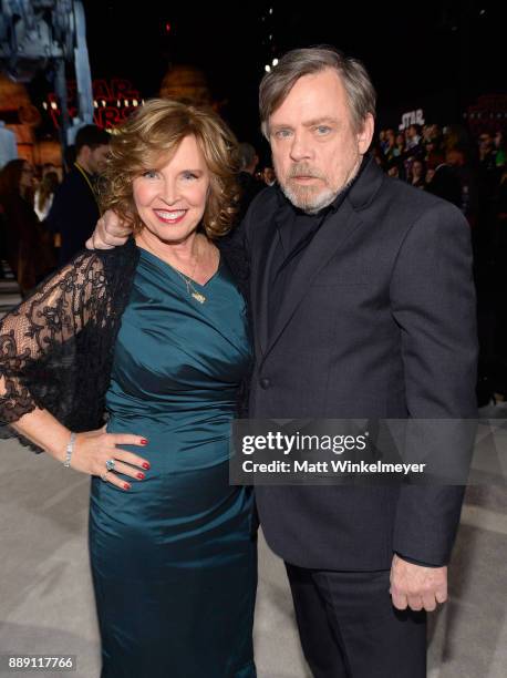 Mark Hamill and Marilou Hamill attend the premiere of Disney Pictures and Lucasfilm's "Star Wars: The Last Jedi" at The Shrine Auditorium on December...