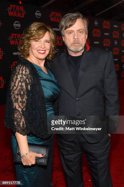 Mark Hamill and Marilou Hamill attend the premiere of Disney Pictures and Lucasfilm's "Star Wars: The Last Jedi" at The Shrine Auditorium on December...