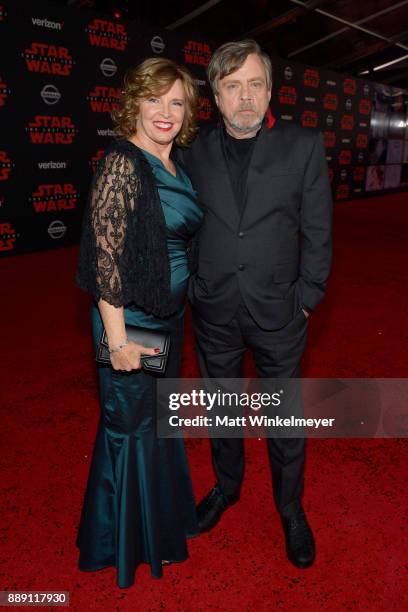 Mark Hamill and Marilou Hamill attend the premiere of Disney Pictures and Lucasfilm's "Star Wars: The Last Jedi" at The Shrine Auditorium on December...