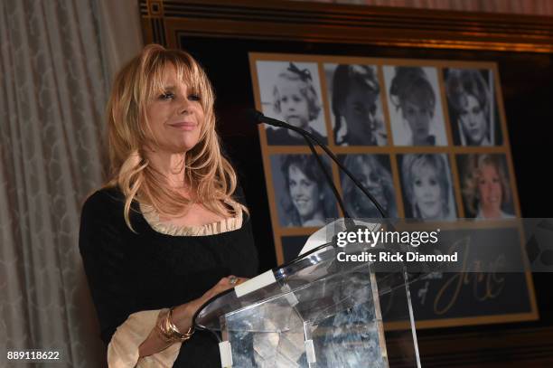 Actress Rosanna Arquette speaks at GCAPP "Eight Decades of Jane" in celebration of Jane Fonda's 80th birthday at The Whitley on December 9, 2017 in...