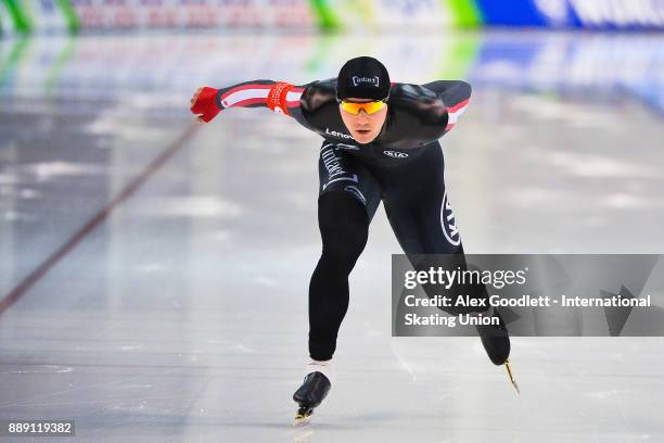 Vincent De Haitre of Canada competes in the men's 1500 meter race during day 2 of the ISU World Cup Speed Skating event on December 9, 2017 in Salt...