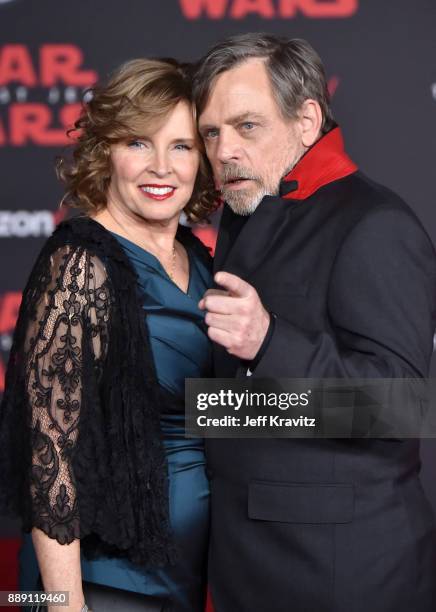 Mark Hamill and Marilou Hamill attend the premiere of Disney Pictures and Lucasfilm's "Star Wars: The Last Jedi" at The Shrine Auditorium on December...