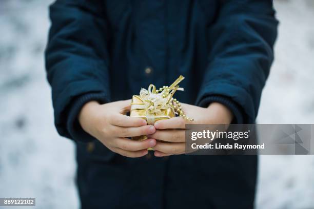 young boy holding and a small gift - child giving gift stock-fotos und bilder