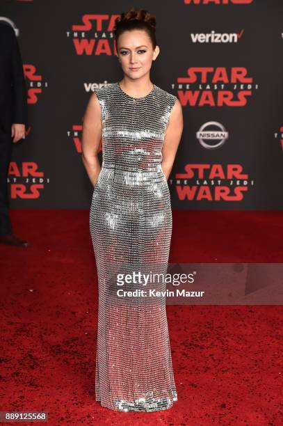 Billie Lourd attends the premiere of Disney Pictures and Lucasfilm's "Star Wars: The Last Jedi" at The Shrine Auditorium on December 9, 2017 in Los...