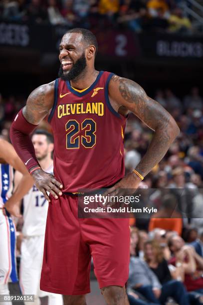 LeBron James of the Cleveland Cavaliers celebrates a win against the Philadelphia 76ers on December 9, 2017 at Quicken Loans Arena in Cleveland,...